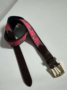 Vineyard Vines Camping Theme Ribbon Belt with Leather Tabs